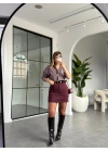 BORDO TENSEL KEMERLİ MİNİ ETEK