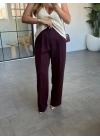 Bordo Yüksek Bel Dökümlü Pantolon