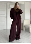 Bordo Yüksek Bel Pantolon Tek Düğmeli Ceket Takım