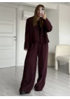 Bordo Yüksek Bel Pantolon Tek Düğmeli Ceket Takım