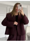 Bordo Yüksek Bel Pantolon Tek Düğmeli Ceket Takım