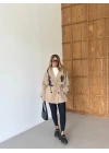 CAMEL DÜĞMELİ MANŞET DETAY KUŞAKLI KISA TRENÇKOT