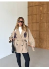 CAMEL DÜĞMELİ MANŞET DETAY KUŞAKLI KISA TRENÇKOT