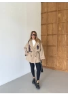 CAMEL DÜĞMELİ MANŞET DETAY KUŞAKLI KISA TRENÇKOT