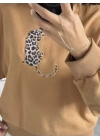 Camel Leopar Figürlü Sweatshirt