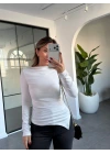 EKRU KAYIK YAKA ASİMETRİK BLUZ