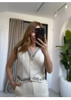 EKRU NAKIŞ DETAY YELEKLİ TAKIM