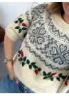 EKRU NAKIŞ İŞLEMELİ KISA KOL TRİKO KAZAK