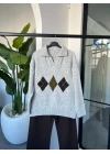 GRİ BAKLAVA DESEN POLO YAKA KAZAK