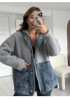 Gri Jean Detay Kapüşonlu Oversize Peluş Ceket