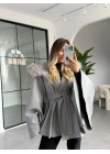 GRİ KÜRK DETAY KAPÜŞONLU KAŞE PANÇO