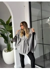 GRİ KÜRK DETAY KAPÜŞONLU KAŞE PANÇO