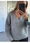 GRİ TAŞ DETAYLI FERMUARLI HIRKA