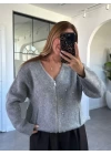 GRİ TAŞ DETAYLI FERMUARLI HIRKA