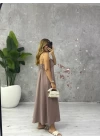 GÜL KURUSU ASKILI MÜSLİN ELBİSE