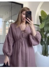 GÜL KURUSU BALON KOL MÜSLİN ELBİSE
