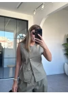 HAKİ DÜĞMELİ YELEKLİ KETEN PANTOLON TAKIM
