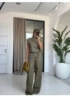 HAKİ KETEN ASİMETRİK BLUZ TAKIM