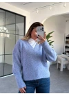 İNDİGO MELANJ DİLVİN V YAKA YUMUŞAK DOKULU KAZAK