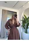 KAHVE BALON KOL MÜSLİN ELBİSE