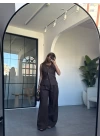 KAHVE DÜĞMELİ YELEKLİ KETEN PANTOLON TAKIM