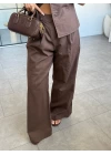 KAHVE DÜĞMELİ YELEKLİ KETEN PANTOLON TAKIM