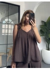 KAHVE KALIN ASKILI TENSEL PANTOLON TAKIM