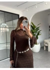 KAHVE KEMERLİ DANTEL ELBİSE