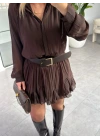 KAHVE KEMERLİ PİLİSELİ ŞİFON ELBİSE