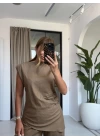 KAHVE KETEN ASİMETRİK BLUZ TAKIM