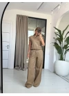 KAHVE KETEN ASİMETRİK BLUZ TAKIM