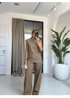 KAHVE KETEN ASİMETRİK BLUZ TAKIM