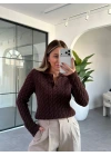 KAHVE ÖRGÜ DESEN POLO YAKA KAZAK