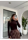 KAHVE ŞİFON EKOSE DESENLİ ASİMETRİK ETEK