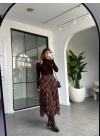 KAHVE ŞİFON EKOSE DESENLİ ASİMETRİK ETEK