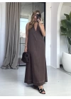 KAHVE SIRT DETAYLI V YAKA KETEN ELBİSE