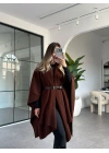 KAHVE TRİKO KEMERLİ ŞAL PANÇO