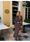 KAHVE VATKA OMUZLU BRONŞ DETAY ELBİSE