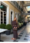 KAHVE VATKA OMUZLU BRONŞ DETAY ELBİSE