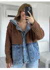 Kahverengi Jean Detay Kapüşonlu Oversize Peluş Ceket