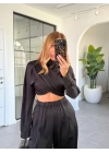 SİYAH UZUN KOL CROP TAKIM