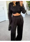 SİYAH UZUN KOL CROP TAKIM