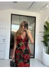 KIRMIZI ÇİÇEKLİ SIRT DETAY ELBİSE