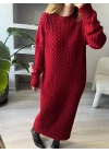 Kırmızı Saç Örgü Desenli Midi Boy Triko Elbise