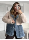 Krem Jean Detay Kapüşonlu Oversize Peluş Ceket