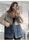 Krem Jean Detay Kapüşonlu Oversize Peluş Ceket