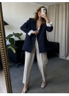 Lacivert Astarı Çizgili Premium Kalite Krep Kumaş Ceket
