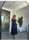 LACİVERT ÇİÇEK DESENLİ KALIN ASKILI TÜL ELBİSE