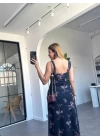 LACİVERT ÇİÇEK DESENLİ KALIN ASKILI TÜL ELBİSE