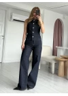 Lacivert Denim Yelek Palazzo Pantolon Takım